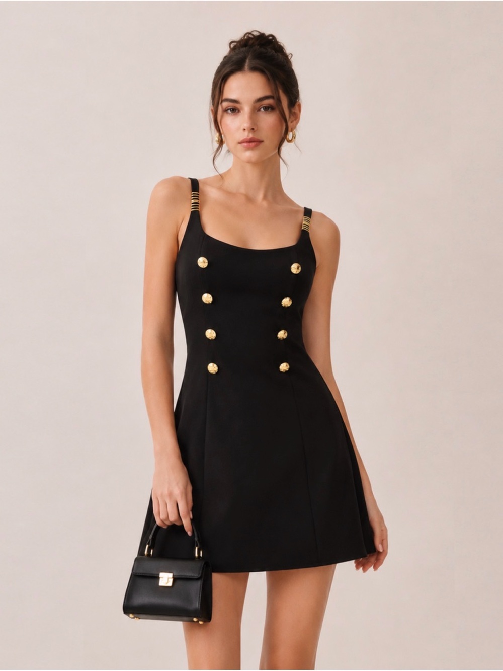 Commense Black Mini Dress with Gold Button Detail